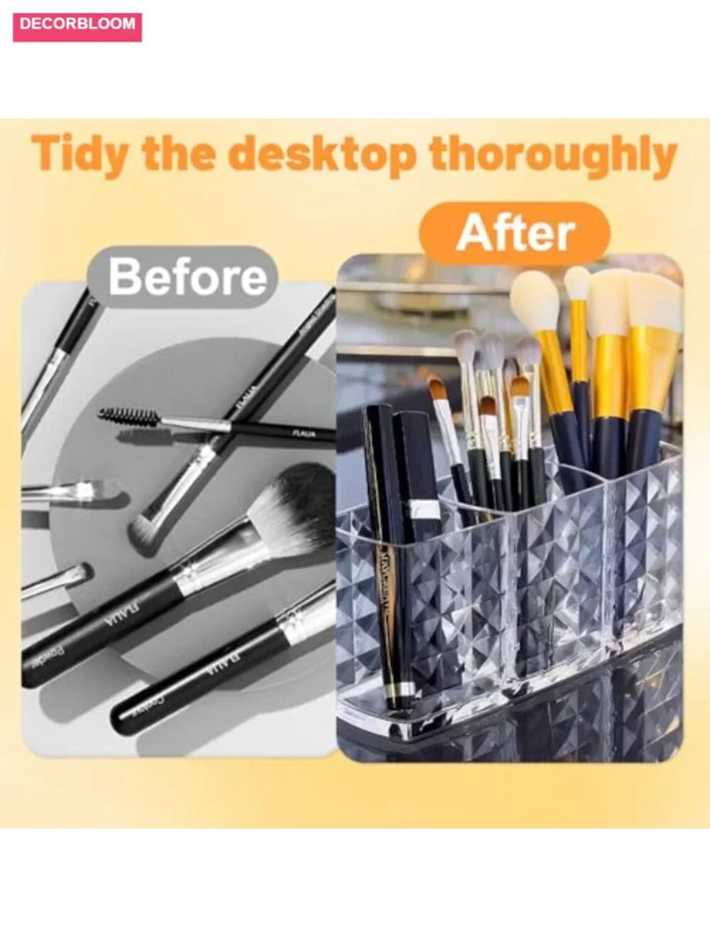 Acrylic Makeup Brush Holder 3 Compartment Cosmetic Organizer Vanity Storage